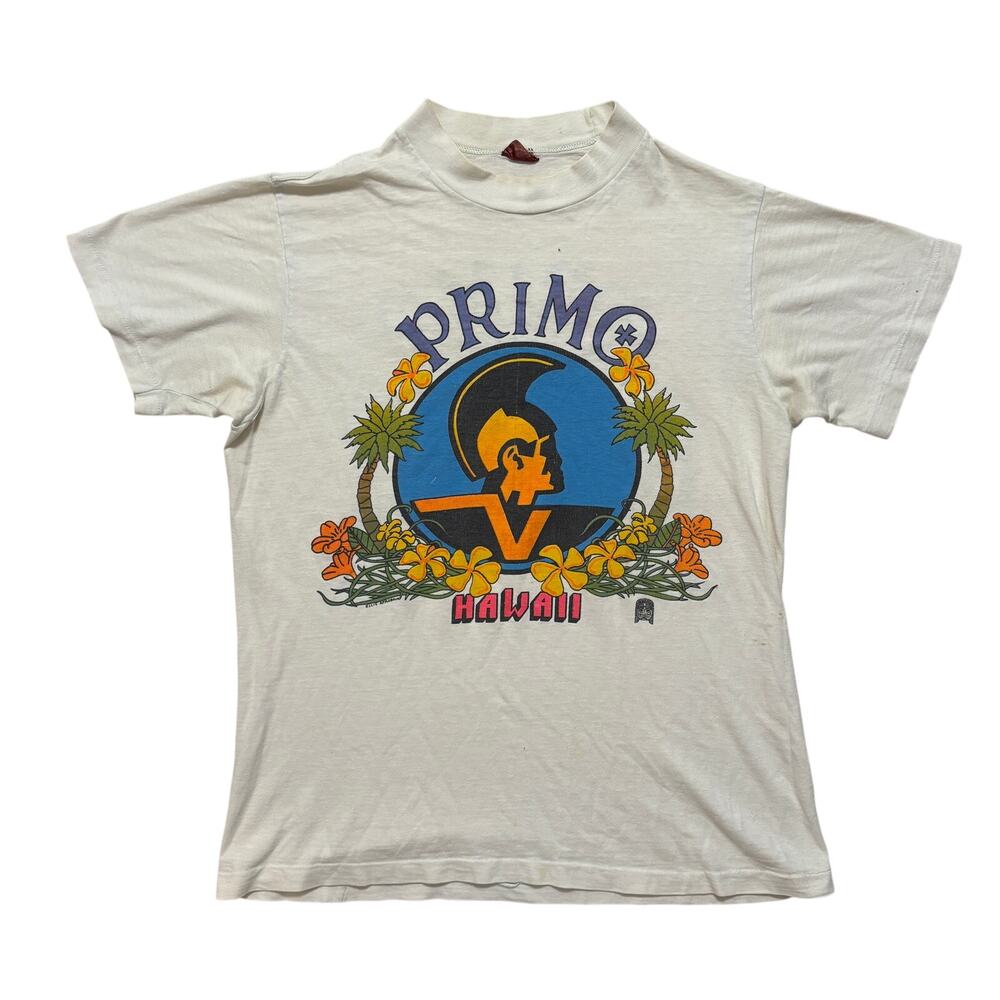 VTG 70s Primo Hawaiian Beer Surf Skate Double Sided Graphic T-Shirt White Mens L